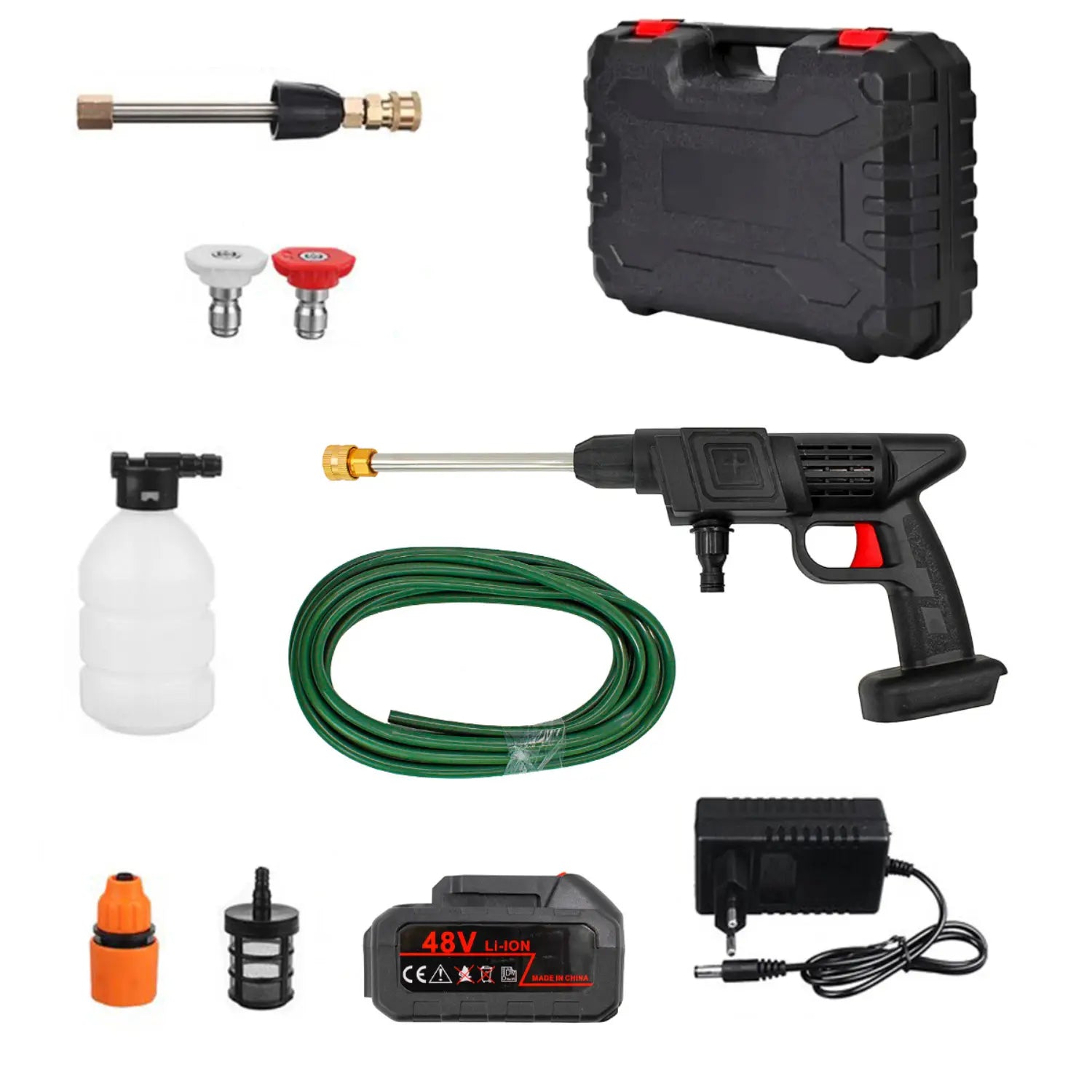 A imagem mostra um kit de lavadora de alta pressão portátil, com vários componentes. Entre os itens estão a pistola de alta pressão, dois bicos de spray (vermelho e branco), um tanque de água, uma mangueira, uma bateria recarregável de 48V, um carregador, um filtro, e uma caixa para armazenamento dos acessórios. Este kit é ideal para limpeza eficiente em diferentes superfícies.