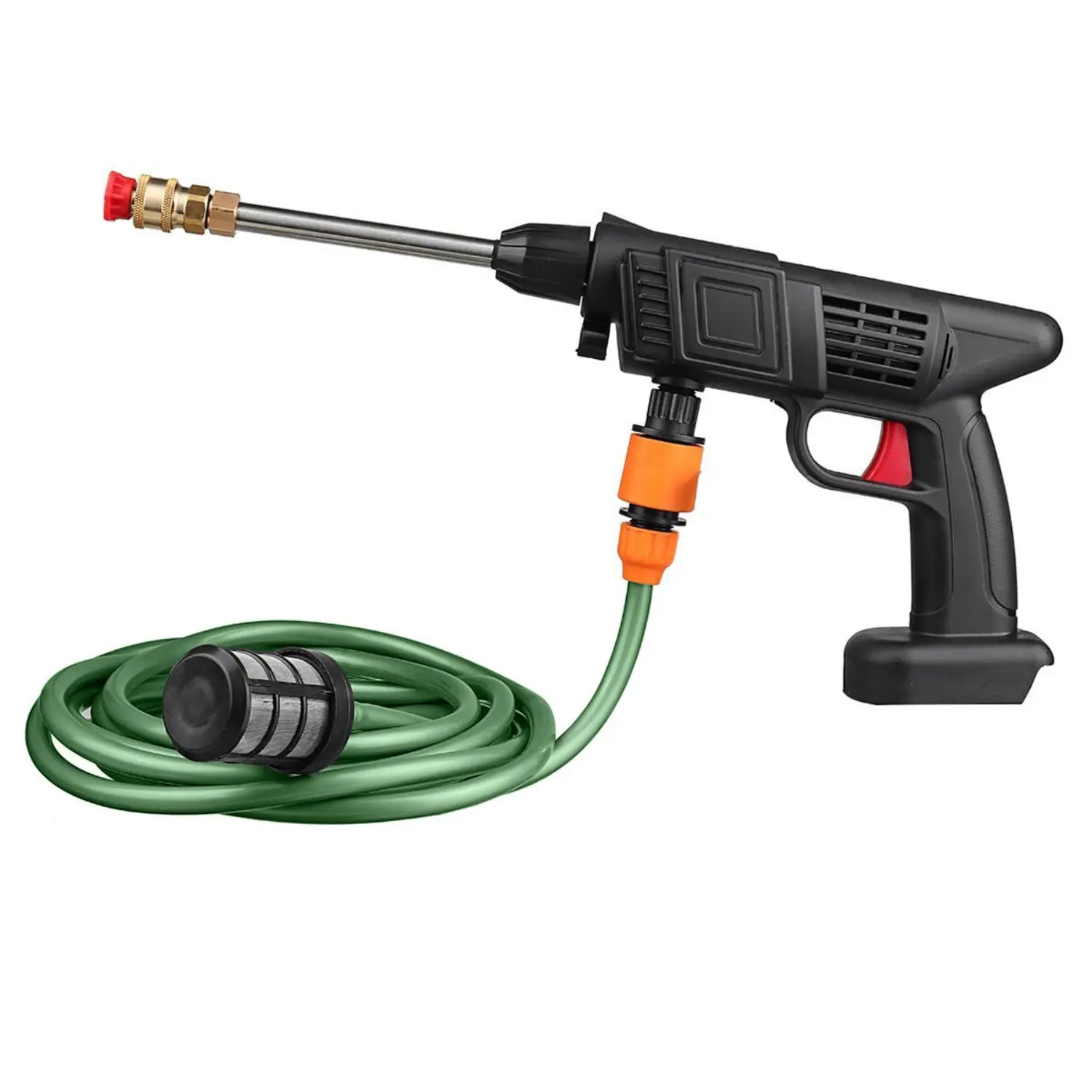 A imagem exibe uma pistola de pressão de alta potência, com um design ergonômico e moderno. A pistola está conectada a um mangote verde, provavelmente para água ou limpeza, com uma peça laranja destacando a conexão. O bico da pistola é metálico, com uma ponta vermelha visível, sugerindo uma alta pressão para aplicação.