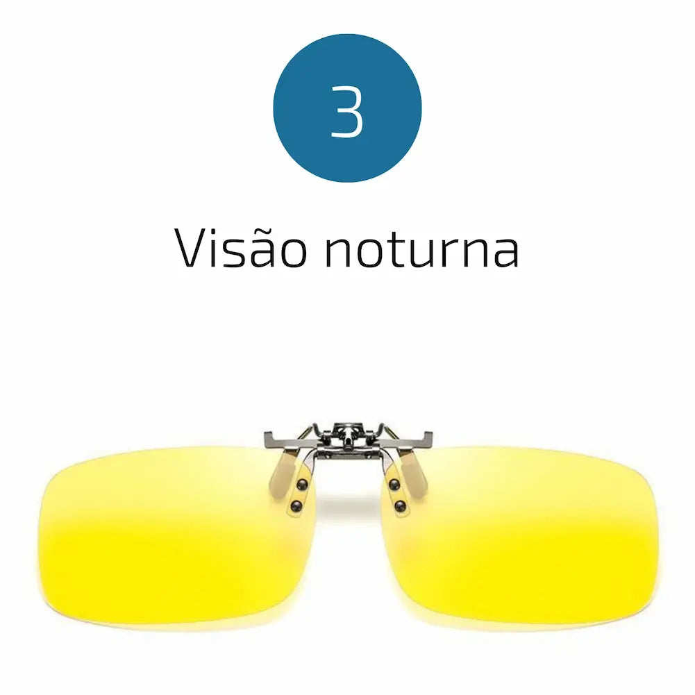 A imagem apresenta a opção 3, representando lentes clip-on amarelas projetadas para visão noturna. Essas lentes ajudam a reduzir o ofuscamento e melhorar a visibilidade em ambientes com baixa luminosidade, oferecendo conforto e segurança em situações como dirigir à noite.