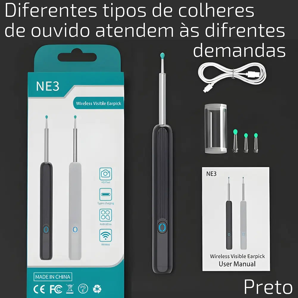 A imagem apresenta o kit de limpeza de ouvidos "NE3 Wireless Visible Earpick" na cor preta. Inclui o dispositivo, ponteiras substituíveis, cabo USB para carregamento, manual de instruções e embalagem. O texto destaca que diferentes tipos de ponteiras atendem a variadas necessidades, reforçando a versatilidade do produto.