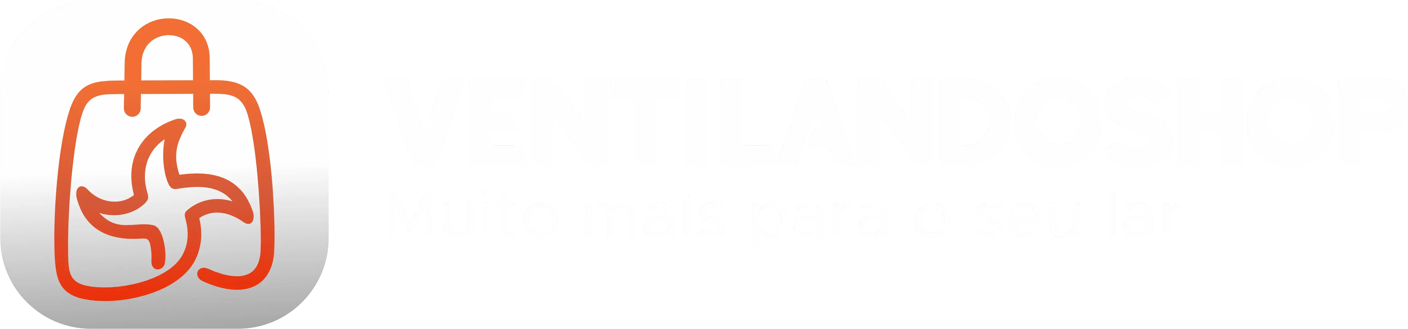 A imagem mostra a logomarca da VentilandoShop. À esquerda, há um ícone em laranja que representa uma sacola de compras com um ventilador estilizado no centro. À direita do ícone, está escrito "VENTILANDOSHOP" em letras brancas maiúsculas e negritadas. Abaixo, em letras menores, está o slogan: "Muito mais para o seu lar". O fundo da imagem é escuro, o que destaca o logotipo e o texto em branco.
