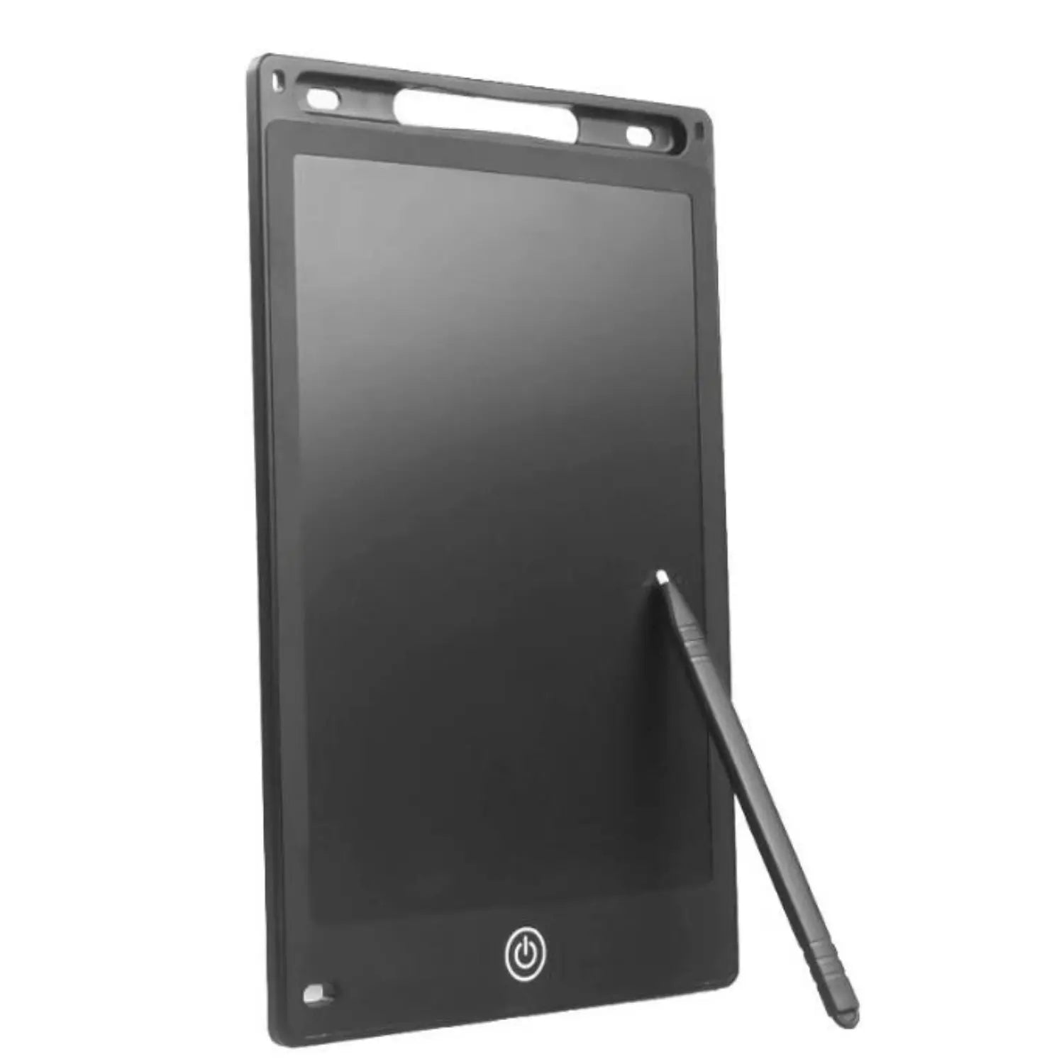 A imagem mostra uma lousa digital preta com um design simples e moderno. A caneta está apoiada na tela, pronta para uso, e o botão de ligar/desligar é visível na parte inferior. Este tipo de dispositivo é ideal para anotações rápidas, desenhos ou recados, com uma aparência limpa e funcional.
