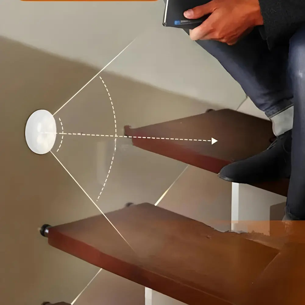 Imagem de uma luminária redonda fixada na parede ao lado de uma escada. Um feixe de luz em formato de arco mostra o alcance do sensor da luminária. Parte de uma pessoa sentada na escada, com um caderno na mão, é visível no canto superior direito.