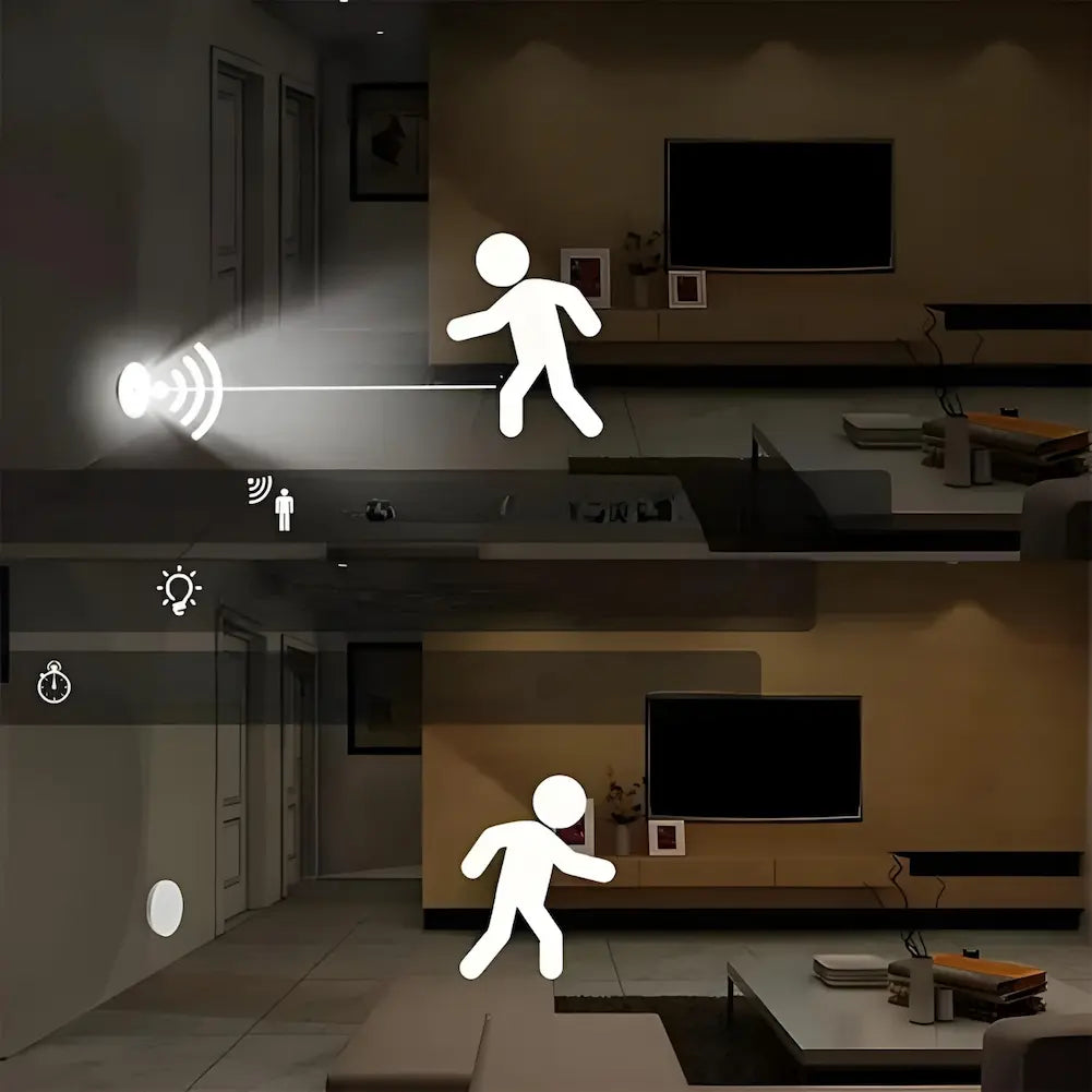 Duas imagens mostram uma sala de estar com uma luminária redonda de LED instalada na parede. Na primeira imagem, um ícone de pessoa andando em direção à luminária, com linhas indicando a detecção de movimento. Na segunda imagem, o ícone da pessoa está mais próximo, demonstrando a ativação do sensor de movimento.