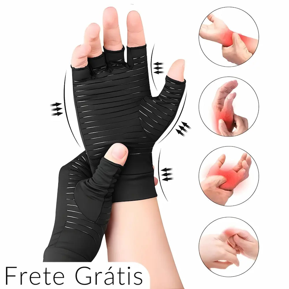  A imagem mostra uma mão usando luvas de compressão pretas com dedos abertos, exibindo o movimento de compressão com setas pretas ao redor. À direita, há quatro círculos mostrando áreas da mão e do pulso em vermelho para indicar dor ou inflamação. No canto inferior esquerdo, há a inscrição "Frete Grátis".