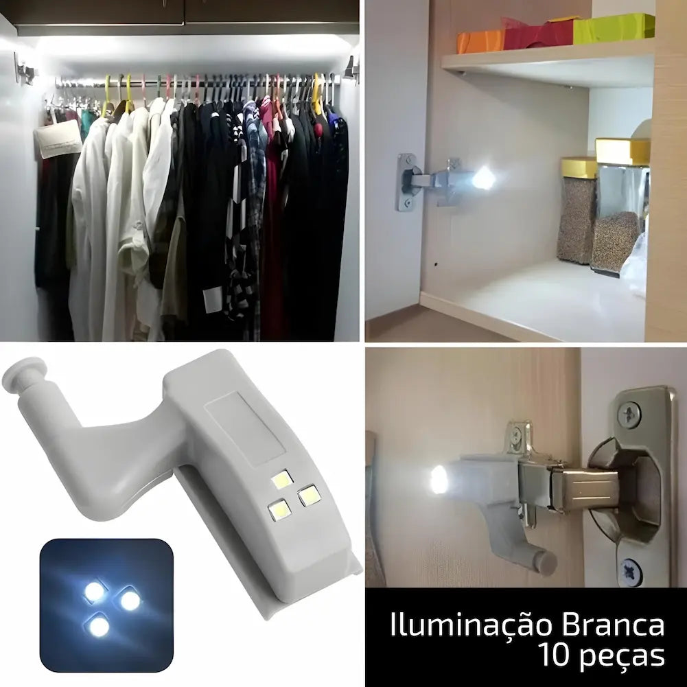  A imagem mostra várias fotos de um armário iluminado com luz LED branca. No canto superior esquerdo, há roupas penduradas com iluminação branca forte. No canto superior direito, há prateleiras com itens de cozinha e uma luz LED acoplada à dobradiça. No canto inferior direito, outra visão de uma luz LED em uma dobradiça. A parte inferior central mostra uma luz LED cinza com três LEDs. O texto indica "Iluminação Branca, 10 peças".