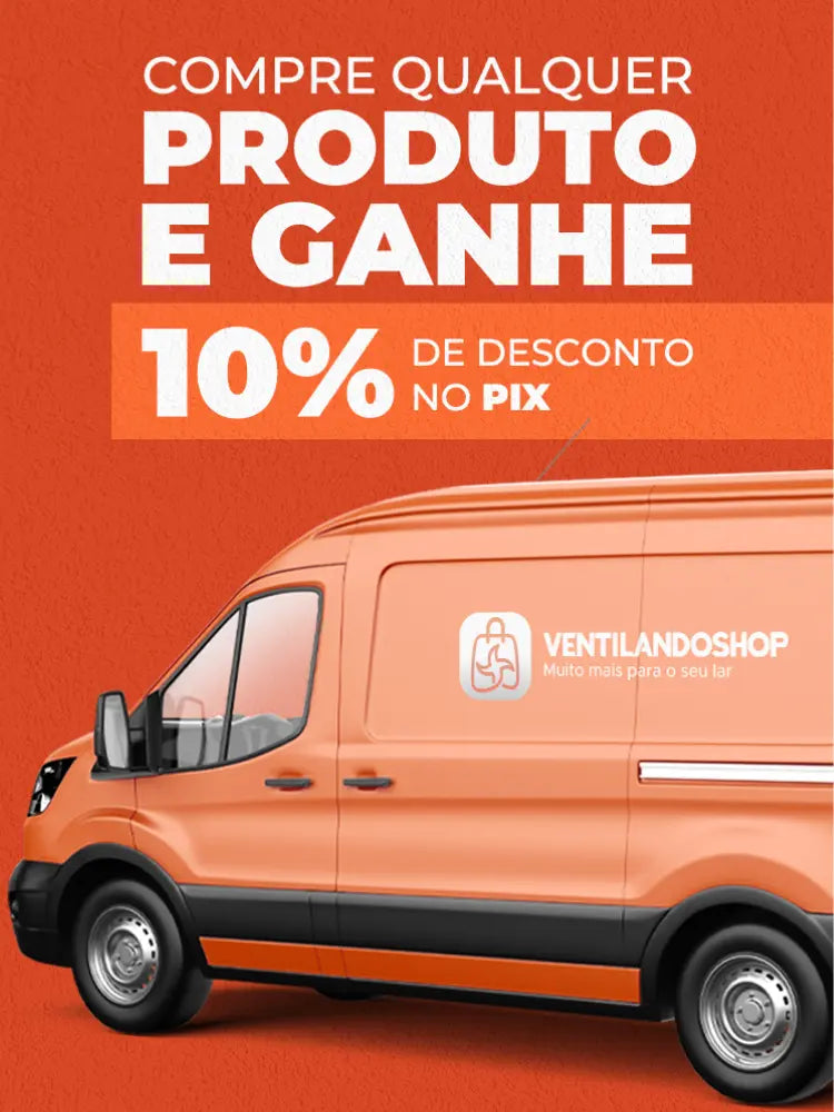A imagem mostra uma van de entrega laranja com o logo "VENTILANDOSHOP" na lateral, junto com a mensagem "Muito mais para o seu lar". O fundo é também laranja, destacando a oferta de 10% de desconto no PIX para quem comprar qualquer produto. O texto principal diz "COMPRE QUALQUER PRODUTO E GANHE 10% DE DESCONTO NO PIX".