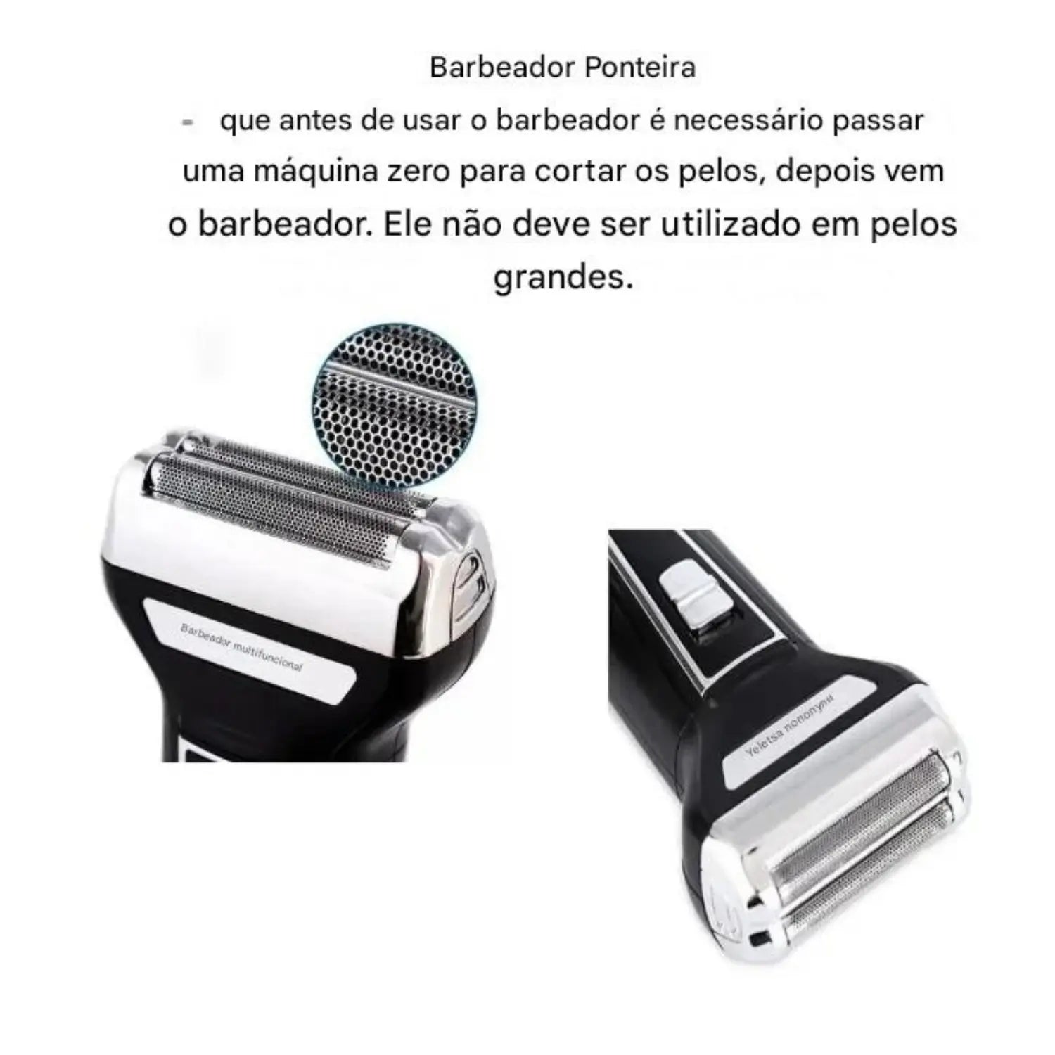 A imagem apresenta um aparador de pelos "Kemei" com uma explicação sobre o uso da ponteira do barbear. É destacado que, antes de usar o barbear, é necessário cortar os pelos com uma máquina zero. A ponteira do barbear não deve ser utilizada em pelos grandes, sendo indicada para um acabamento mais preciso e suave após o corte inicial.