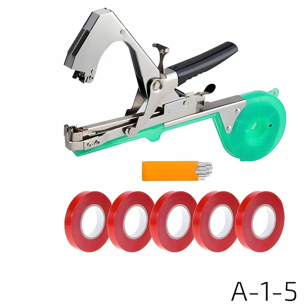  A imagem mostra uma ferramenta de amarrar plantas, com um corpo de metal e plástico verde. Ao lado, há cinco rolos de fita adesiva vermelha e um pequeno objeto laranja com pontas metálicas, provavelmente grampos. O canto inferior direito exibe "A-1-5".
