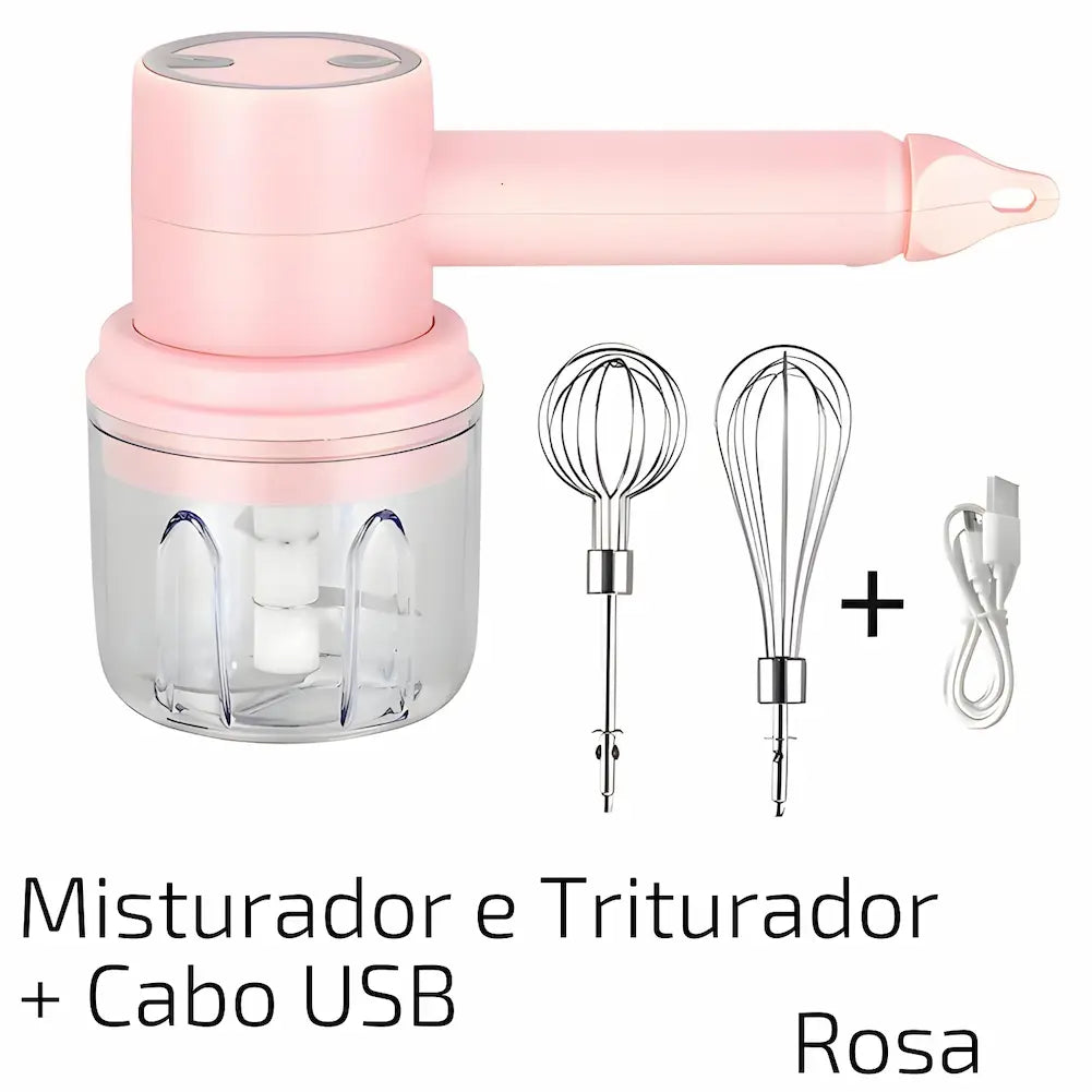  A imagem mostra um misturador e triturador rosa com um cabo USB. O aparelho tem uma base transparente e uma alça longa. Ao lado, há dois batedores de arame de tamanhos diferentes e um cabo USB branco. Abaixo, está escrito "Misturador e Triturador + Cabo USB Rosa".
