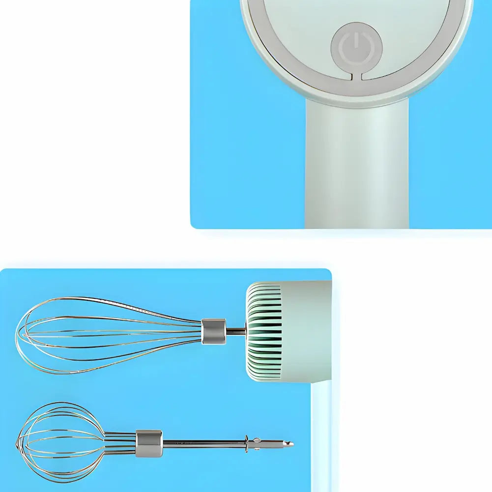 A imagem é composta por duas partes. A parte superior mostra o topo de um aparelho de cozinha com um botão de energia. A parte inferior exibe o aparelho com dois batedores de arame, um grande e um pequeno, contra um fundo azul. Ambas as partes destacam detalhes do design do aparelho.