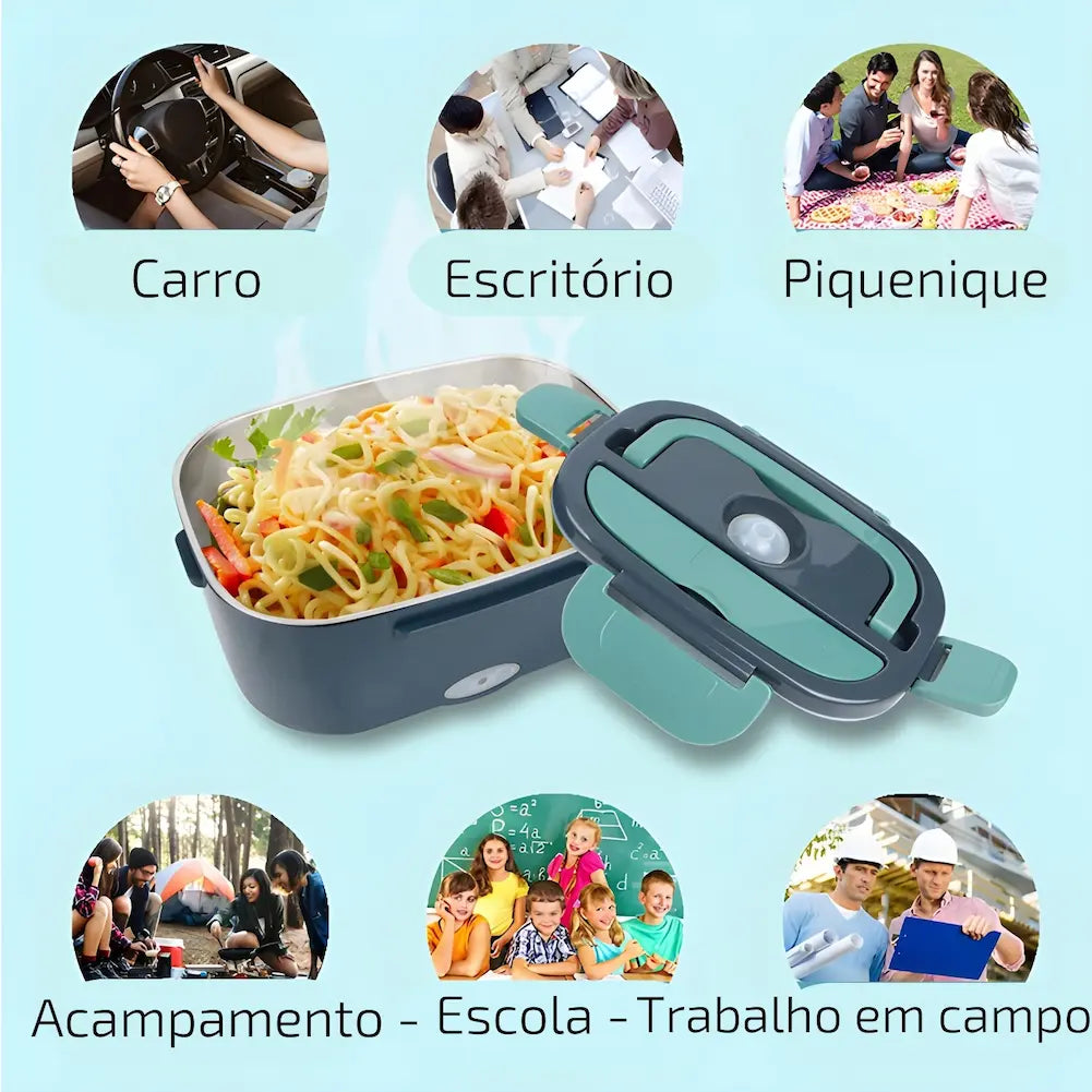 A imagem mostra uma marmita elétrica cinza e verde aberta, cheia de macarrão. Acima da marmita, há círculos com imagens e texto: "Carro," "Escritório," "Piquenique." Abaixo, há mais três círculos com imagens e texto: "Acampamento," "Escola," "Trabalho em campo." O fundo é azul claro.