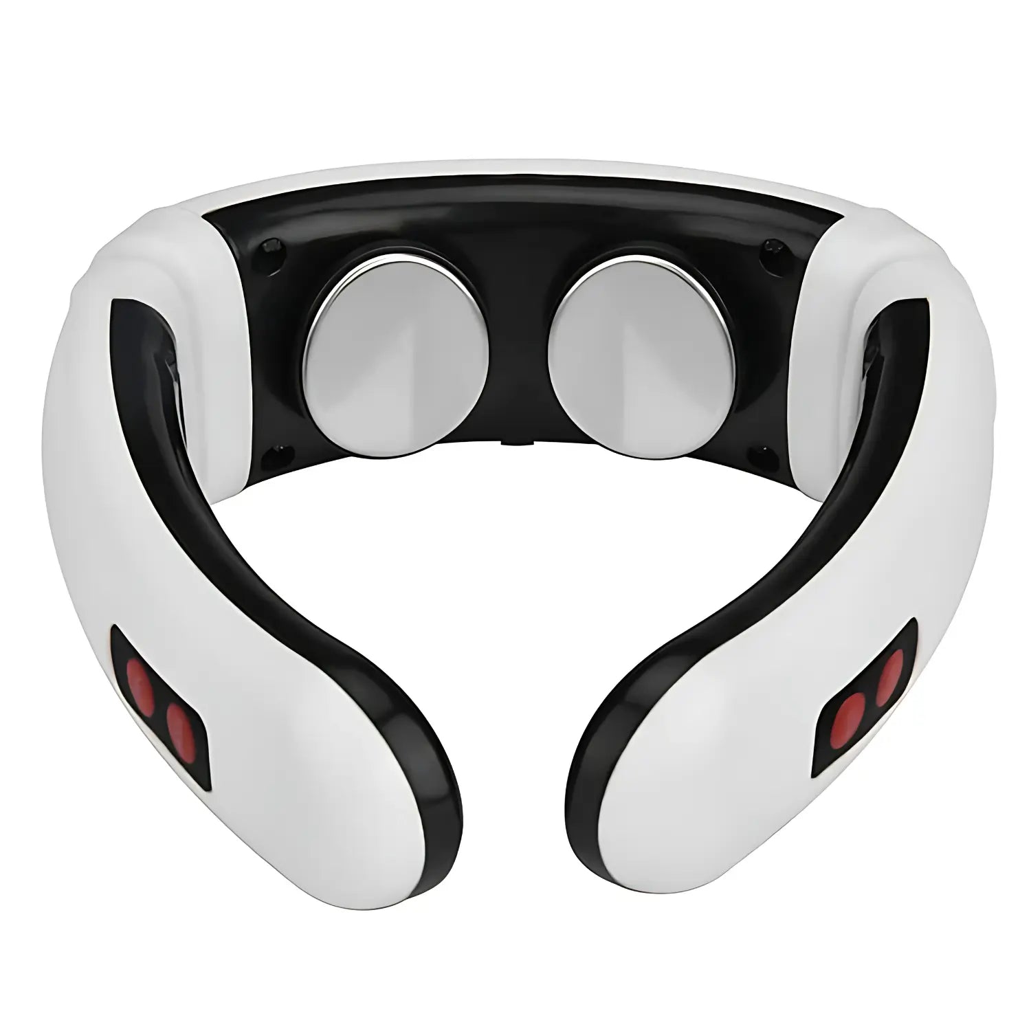 A imagem mostra a parte traseira do dispositivo de terapia para alívio de dores no pescoço. O aparelho é branco, com detalhes em preto e apresenta duas áreas com luzes vermelhas, provavelmente indicativas de uma função de terapia de luz ou aquecimento para aliviar a tensão muscular na região cervical.