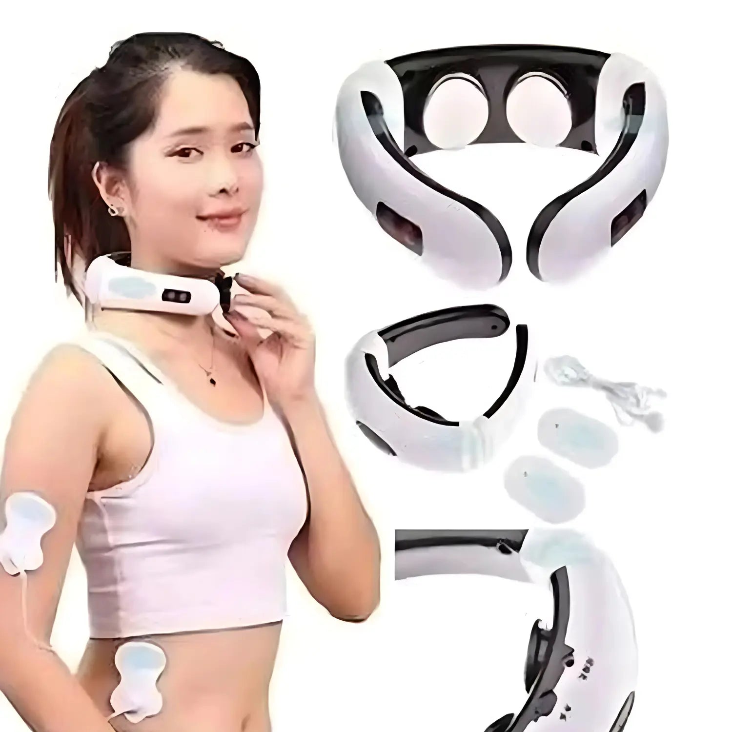 A imagem mostra uma mulher utilizando um dispositivo de terapia para o pescoço, com design branco e moderno. O aparelho está posicionado ao redor do pescoço dela, enquanto ela segura o controle de ajuste. Ao lado do dispositivo, há acessórios adicionais (provavelmente para outros tratamentos em áreas do corpo), conectados por fios. O aparelho é projetado para oferecer alívio muscular e relaxamento com funções de massagem e terapia de luz.