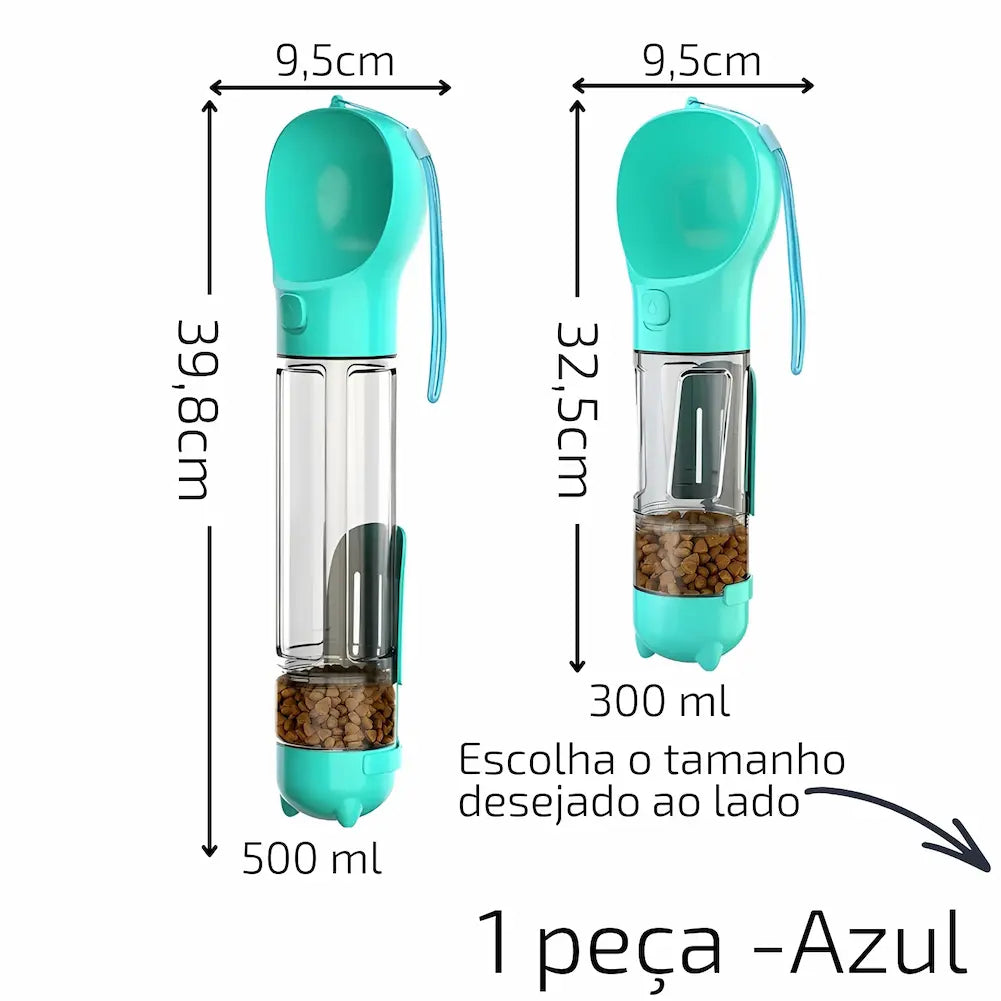A imagem mostra duas garrafas portáteis azuis para água e ração para cães. A maior tem 39,8 cm de altura e 500 ml de capacidade. A menor tem 32,5 cm de altura e 300 ml de capacidade. Ambas possuem compartimento para ração e cordão para transporte. Texto diz "Escolha o tamanho desejado ao lado" e "1 peça - Azul".