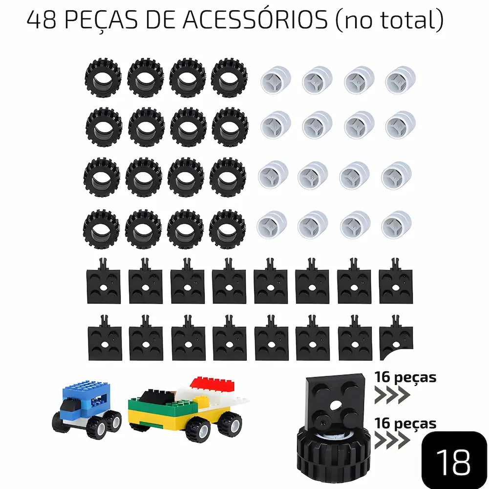 A imagem mostra 48 peças de acessórios para blocos de montar. São 16 pneus pretos, 16 rodas brancas e 16 suportes pretos. Abaixo, há exemplos de veículos montados com esses acessórios, incluindo um caminhão azul e um carro amarelo. O texto destaca o número total de peças e sua utilidade para montar veículos.