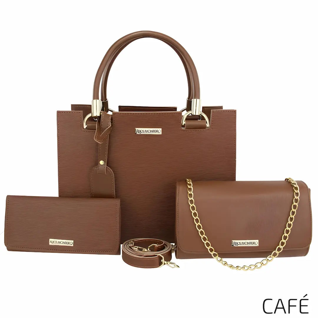
A imagem apresenta um conjunto de bolsas na cor café, composto por uma bolsa maior com alças estruturadas, uma bolsa clutch com corrente dourada e uma carteira. O design é elegante, com acabamento texturizado e detalhes metálicos. O texto "CAFÉ" aparece no canto inferior direito.