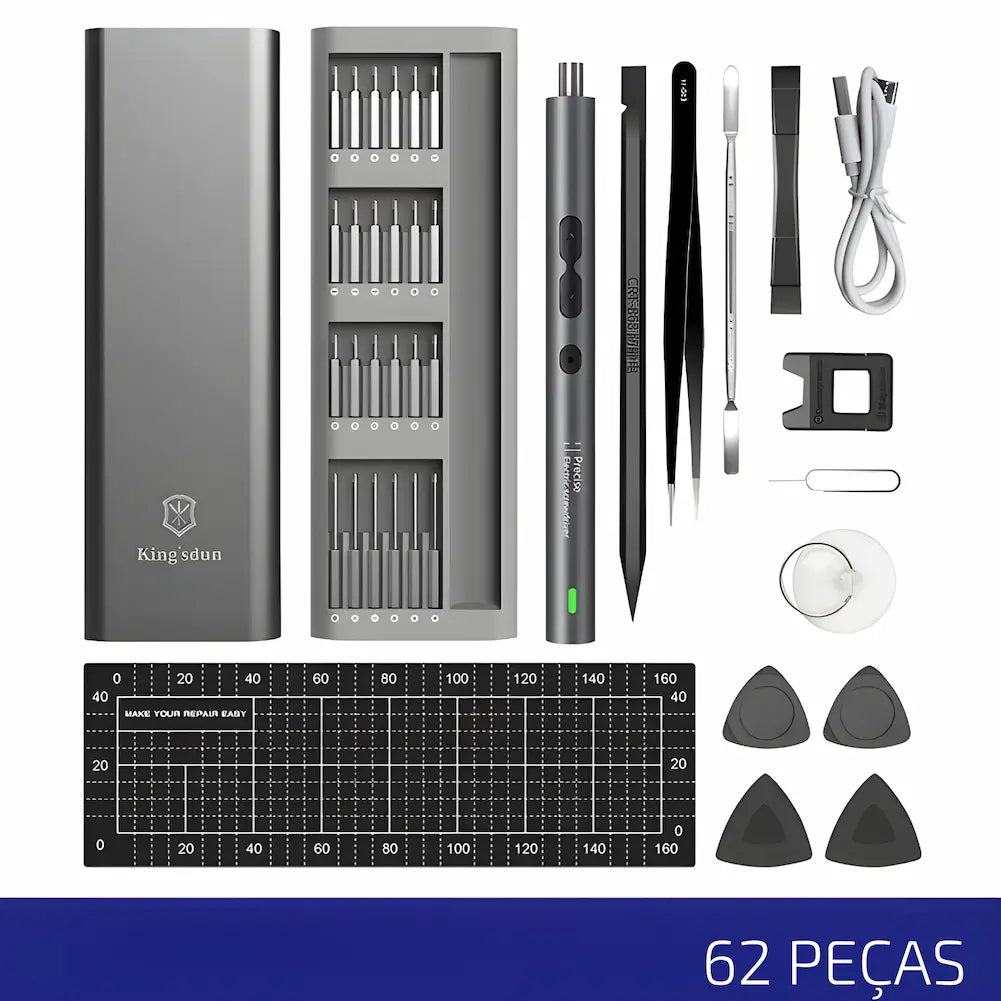 Esta opção de compra inclui um kit de chave de fenda elétrica com 62 peças. Além da chave de fenda e os bits, o conjunto inclui pinças, uma base de carregamento, uma variedade de ferramentas de precisão, cabos USB e uma base de silicone para manutenção. O design elegante e organizado facilita o acesso rápido a cada ferramenta.