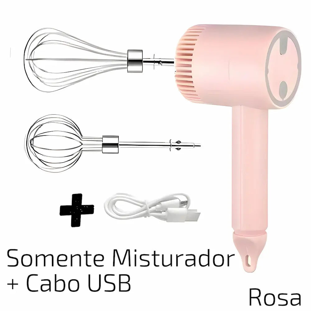 A imagem mostra um misturador rosa com dois batedores de arame de tamanhos diferentes e um cabo USB branco. O texto na imagem diz "Somente Misturador + Cabo USB Rosa". O misturador está posicionado verticalmente à direita, com os acessórios ao lado. Um sinal de mais preto conecta o cabo aos batedores.