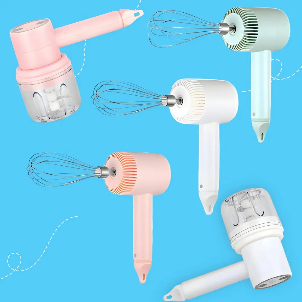 A imagem mostra cinco batedores de mão elétricos em diferentes cores: rosa, verde claro, branco com detalhes laranja, rosa claro com detalhes laranja, e branco. Todos estão contra um fundo azul e apresentam batedores de arame. As linhas pontilhadas brancas conectam alguns dos batedores, criando um efeito de movimento.