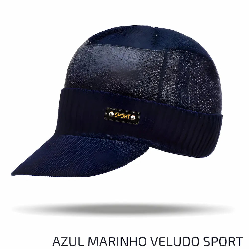 Esta imagem mostra um chapéu de inverno em veludo na cor azul marinho, com uma faixa na parte frontal que contém a inscrição "SPORT". Este chapéu é ideal para quem busca uma opção estilosa e confortável para proteger-se do frio. Uma das opções de compra disponíveis é o "AZUL MARINHO VELUDO SPORT".
