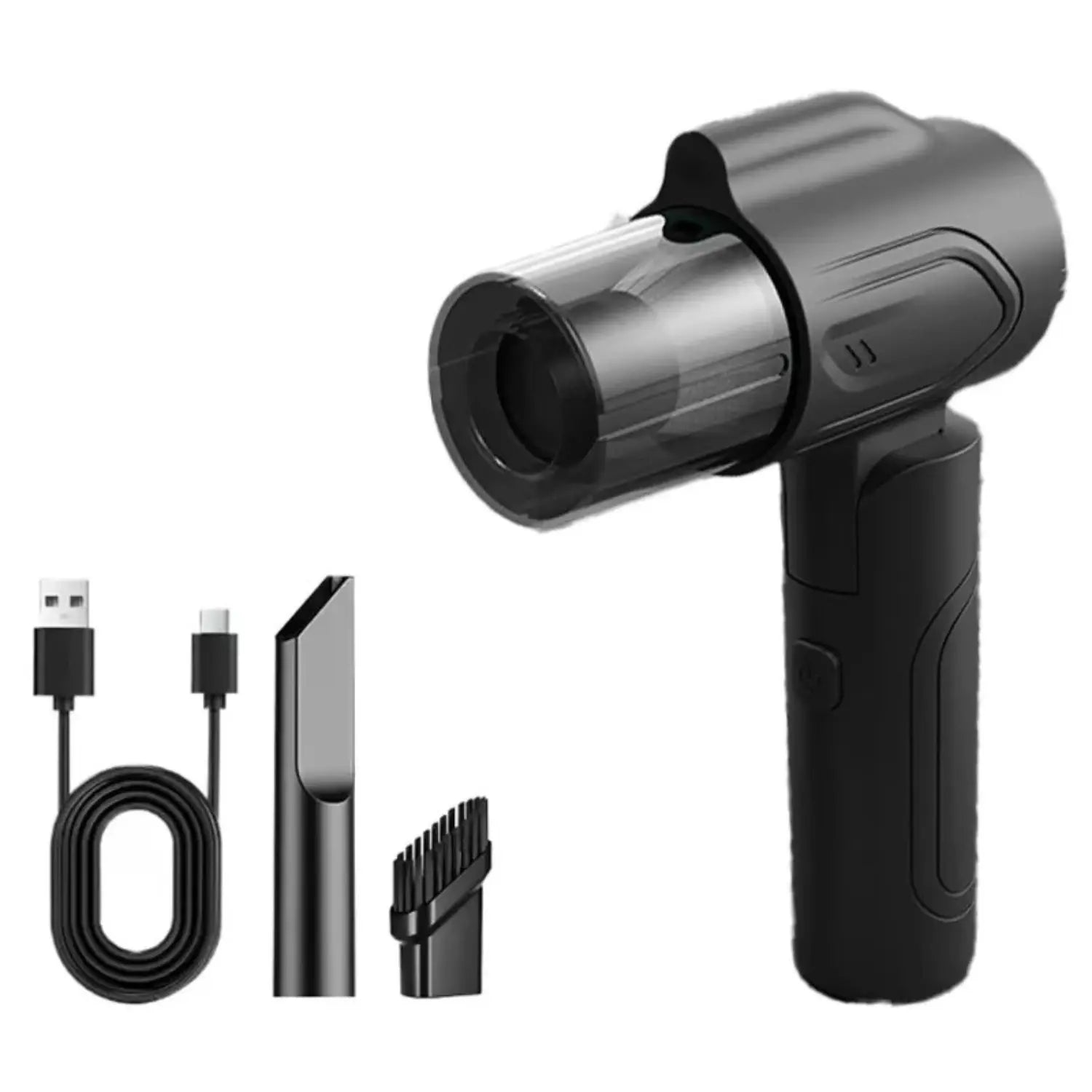 A imagem apresenta o aspirador de pó portátil junto com seus acessórios. Ao lado do aparelho, estão visíveis um cabo USB-C para carregamento, um bico reto e uma escova, todos em tom preto. O design é moderno e compacto, focando na praticidade e na eficiência para diversos tipos de limpeza.