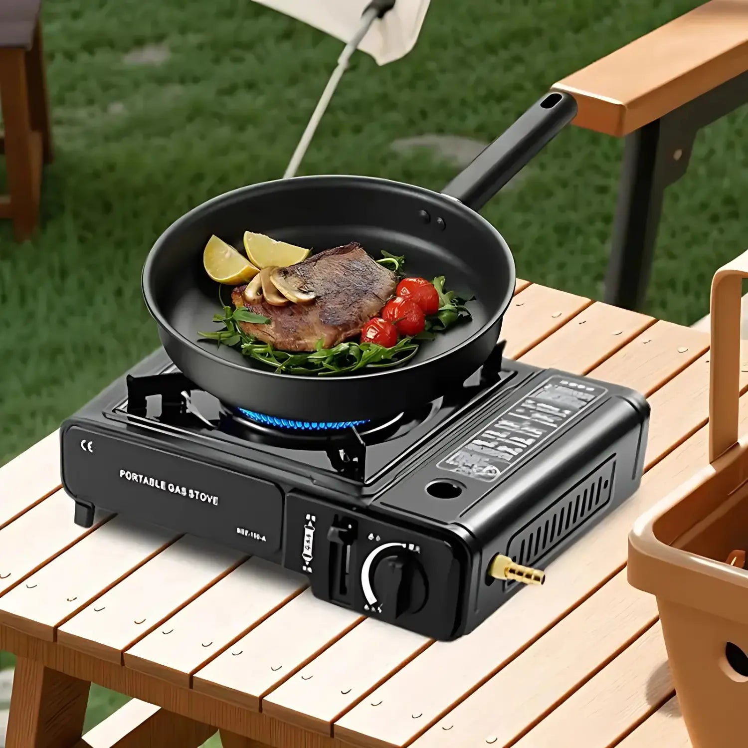 A imagem mostra um fogão portátil a gás preto em uso ao ar livre, sobre uma mesa de madeira. Em cima do fogão, há uma frigideira com carne grelhada, tomates e fatias de limão. O cenário é tranquilo, com a mesa e um vaso de plantas ao fundo, criando um ambiente aconchegante para uso em acampamentos ou áreas externas. O design do fogão é moderno e compacto, proporcionando praticidade para cozinhar em qualquer lugar.