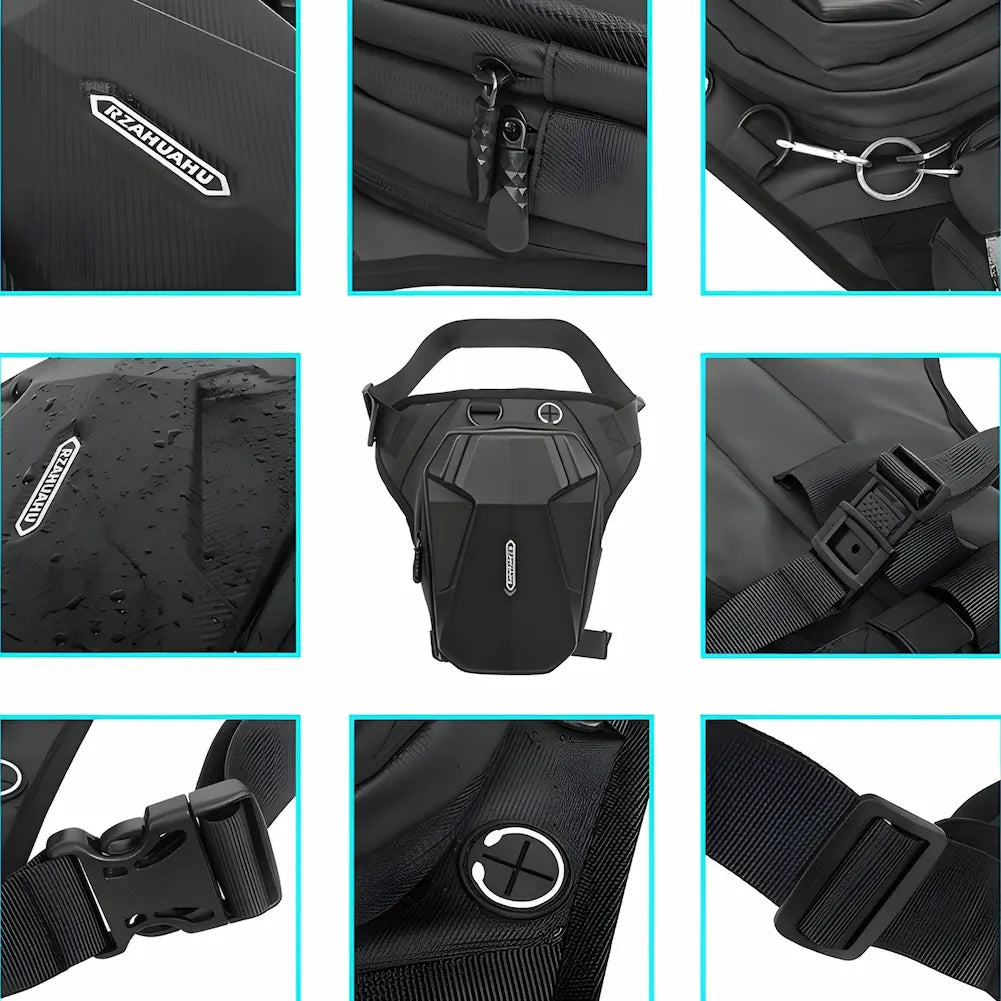 Imagem com vários detalhes de uma pochete preta para motociclistas. Mostra a textura resistente à água, zíper reforçado, argola de chave, alça ajustável, fivela de segurança, orifício para fones de ouvido e a pochete completa no centro. Os detalhes são destacados em pequenos quadros azuis ao redor da imagem central.