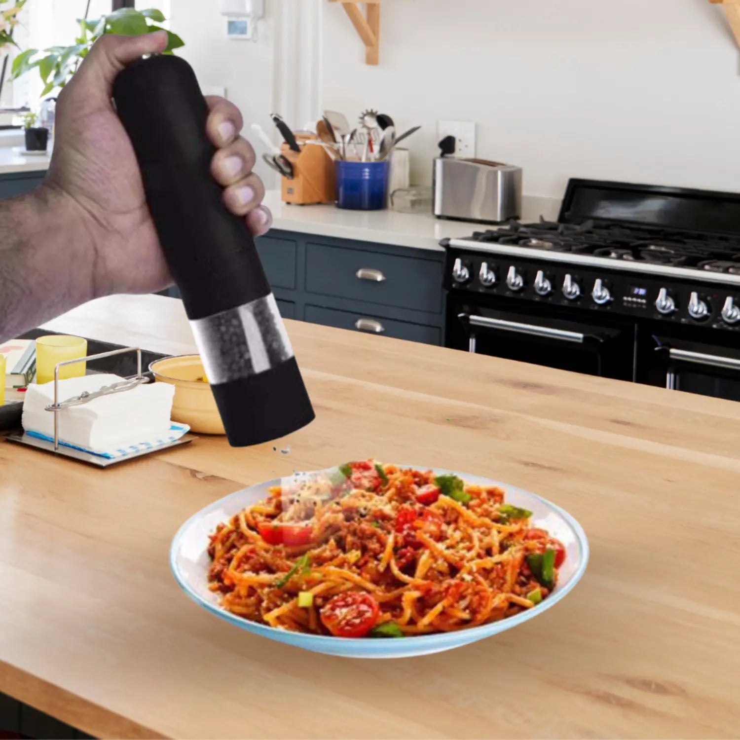 A imagem mostra uma pessoa usando um moedor de temperos (provavelmente de pimenta ou sal) para temperar um prato de espaguete. O moedor está sendo segurado com uma mão e está sendo utilizado sobre a comida em um ambiente de cozinha, com utensílios e um fogão visíveis ao fundo. O design do moedor é simples e elegante, com uma parte transparente que permite visualizar o conteúdo, proporcionando facilidade na hora de adicionar temperos frescos à refeição.