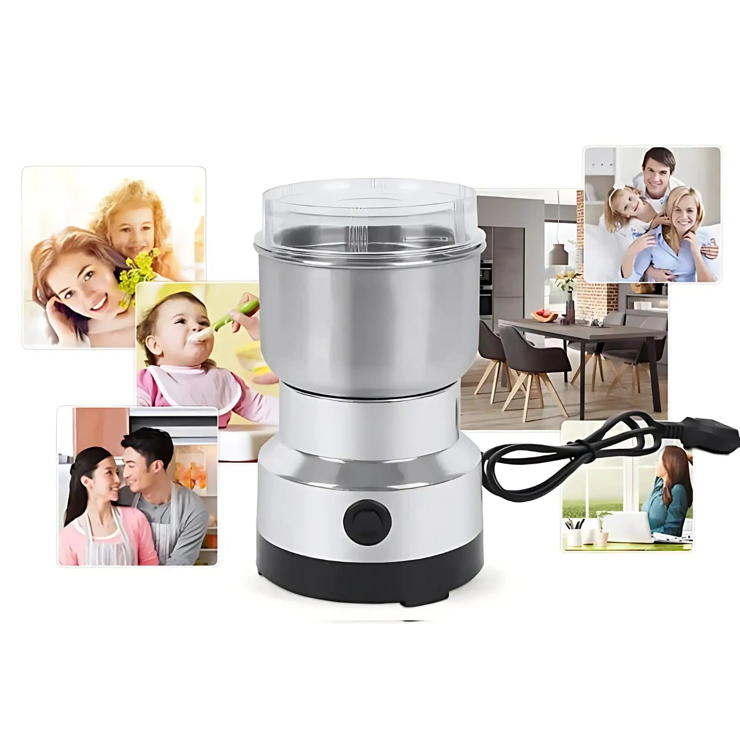 A imagem mostra um moedor de grãos, com um design moderno em aço inoxidável. Ao fundo, há fotos que sugerem o uso do produto em um ambiente familiar e doméstico, destacando seu uso prático no dia a dia. O moedor pode ser utilizado para triturar diferentes tipos de grãos e temperos, como pimentas, café e sementes. O aparelho é mostrado com o cabo conectado e a tampa transparente para visualização do processo de moagem.