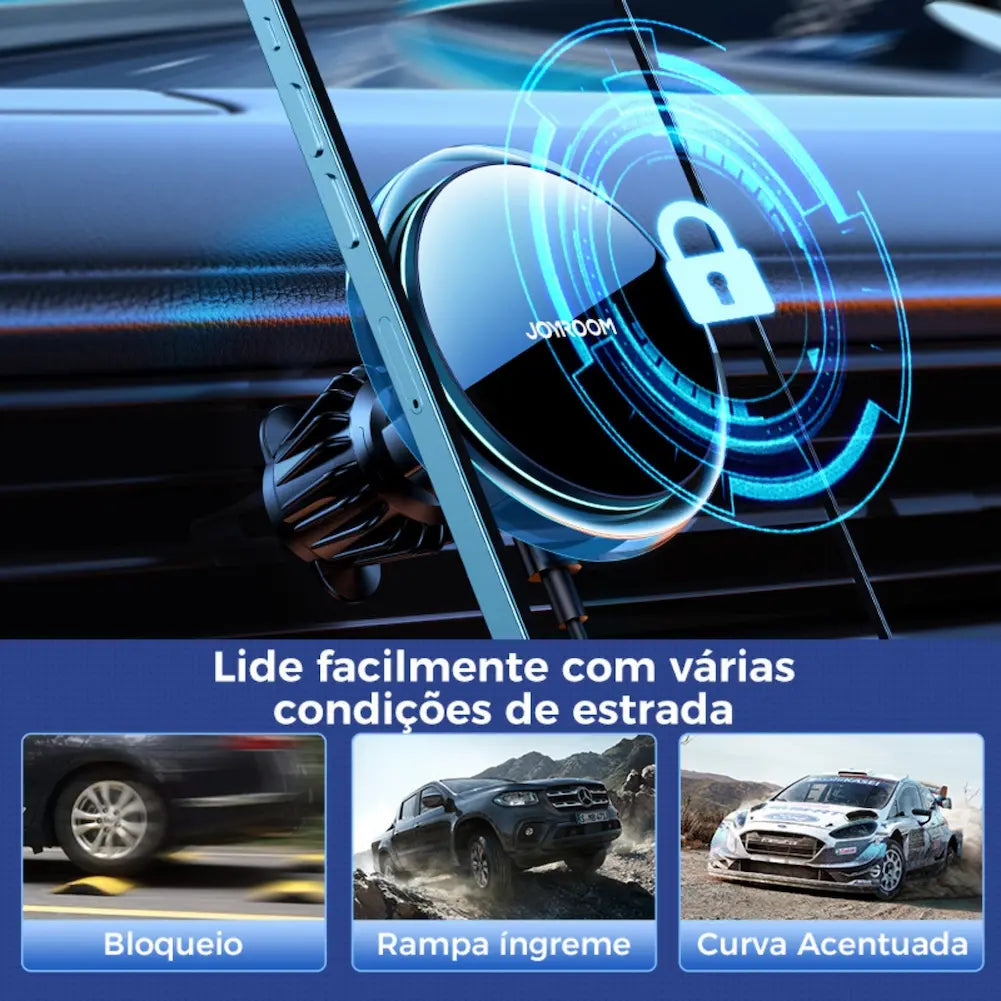  Imagem mostrando um suporte de celular Joyroom fixado na saída de ar de um carro, com um iPhone preso. O suporte mostra um ícone de cadeado, indicando segurança. Abaixo, três imagens menores: um carro passando por um bloqueio, subindo uma rampa íngreme e fazendo uma curva acentuada. Texto diz "Lide facilmente com várias condições de estrada".