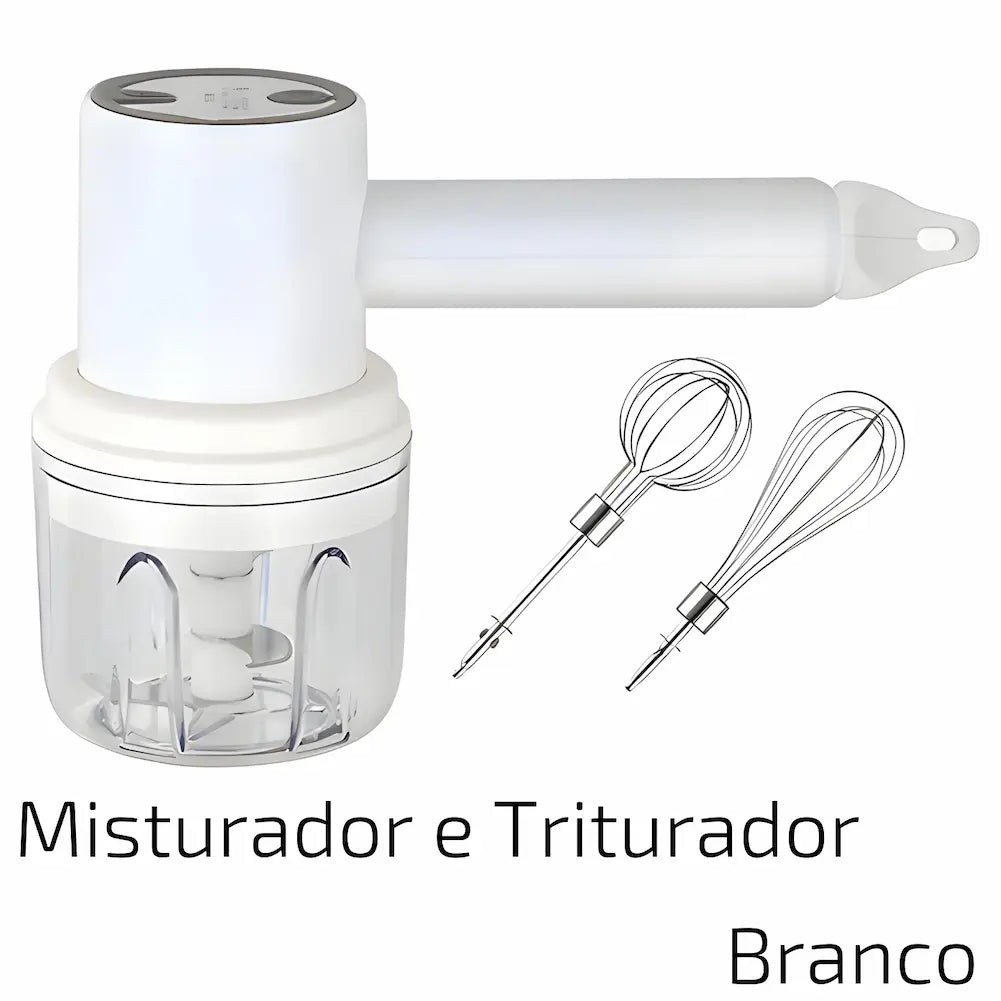 A imagem mostra um misturador e triturador branco com dois batedores de arame ao lado. O aparelho tem uma base transparente e uma alça longa. O texto na imagem diz "Misturador e Triturador Branco". Os batedores são de tamanhos diferentes, posicionados à direita do aparelho.