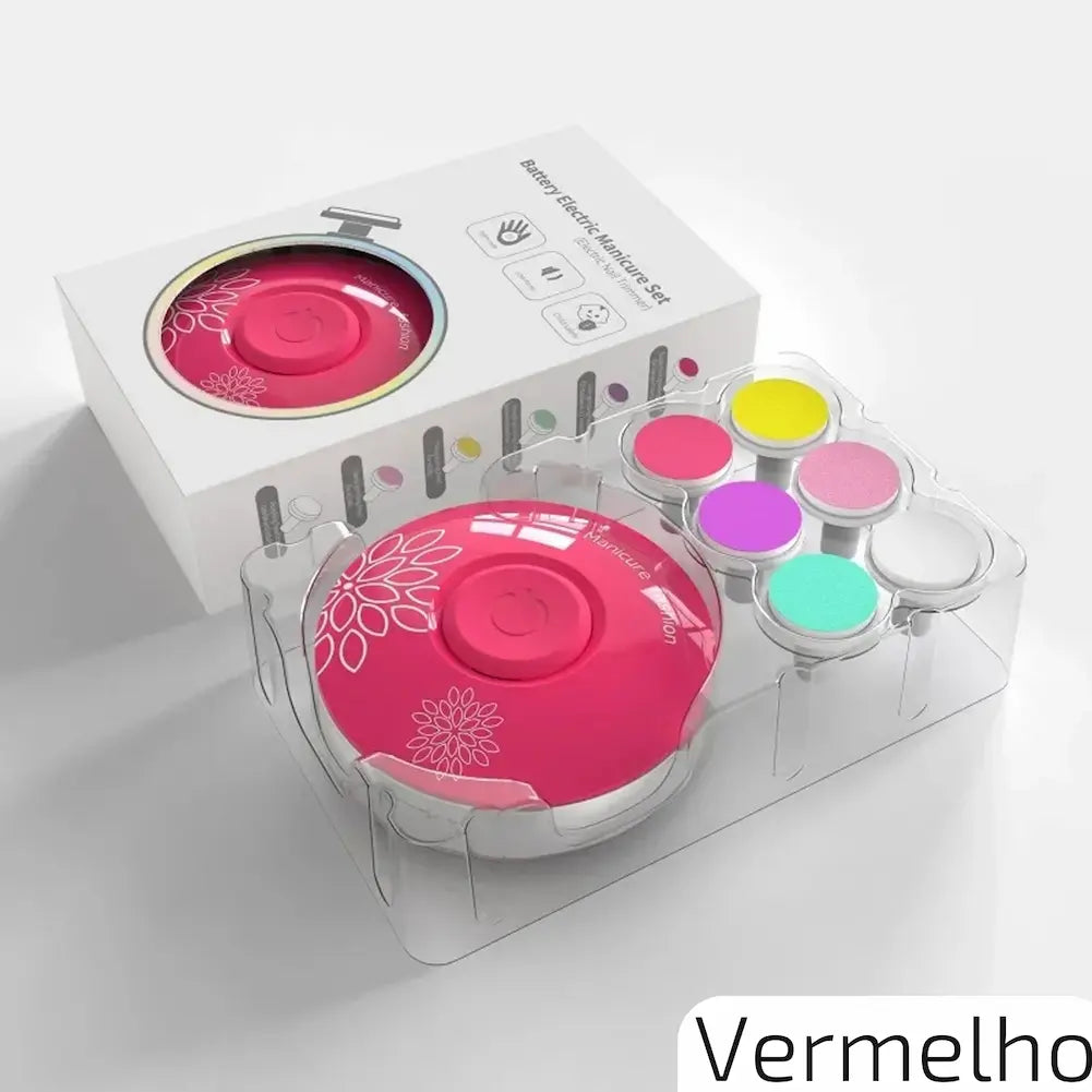 A imagem mostra um conjunto de manicure elétrico em cor vermelha, embalado em uma caixa branca com o texto "Battery Electric Manicure Set". Ao lado da caixa, o cortador de unhas elétrico vermelho com detalhes florais brancos está acompanhado de seis cabeças coloridas intercambiáveis em um suporte de plástico transparente. No canto inferior direito, há a palavra "Vermelho".