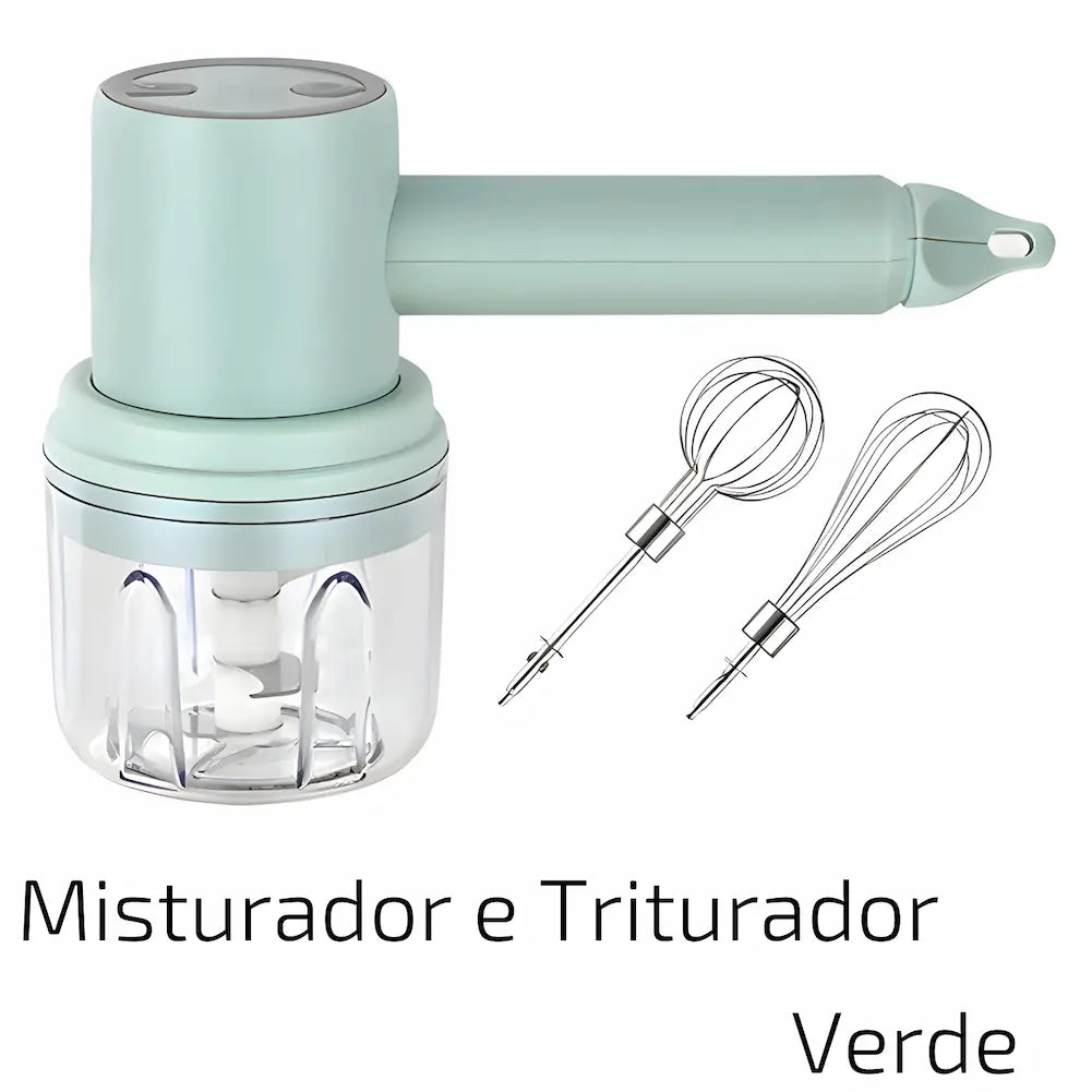  A imagem mostra um misturador e triturador verde com dois batedores de arame ao lado. O aparelho tem uma base transparente e uma alça longa. O texto na imagem diz "Misturador e Triturador Verde". Os batedores são de tamanhos diferentes, posicionados à direita do aparelho.