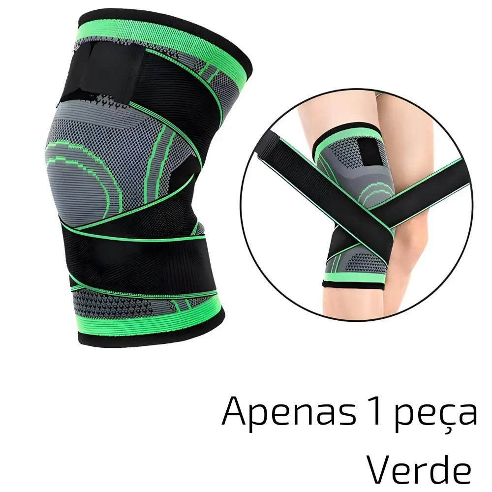  A imagem mostra uma joelheira preta com detalhes verdes. Ao lado, um círculo destaca uma pessoa ajustando a joelheira, cruzando as faixas sobre o joelho. Abaixo, o texto "Apenas 1 peça Verde" está escrito em preto.