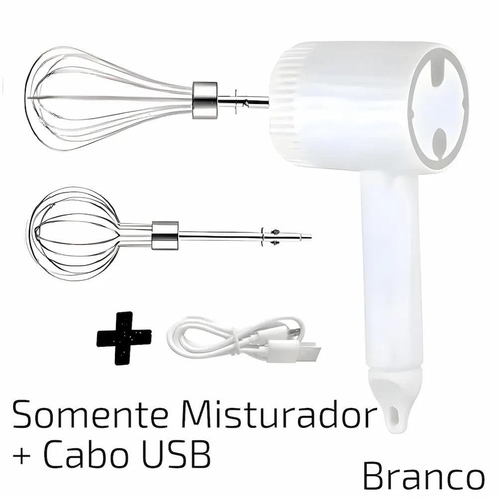  A imagem mostra um misturador branco com dois batedores de arame de tamanhos diferentes e um cabo USB branco. O texto na imagem diz "Somente Misturador + Cabo USB Branco". O misturador está posicionado verticalmente à direita, com os acessórios ao lado. Um sinal de mais preto conecta o cabo aos batedores.