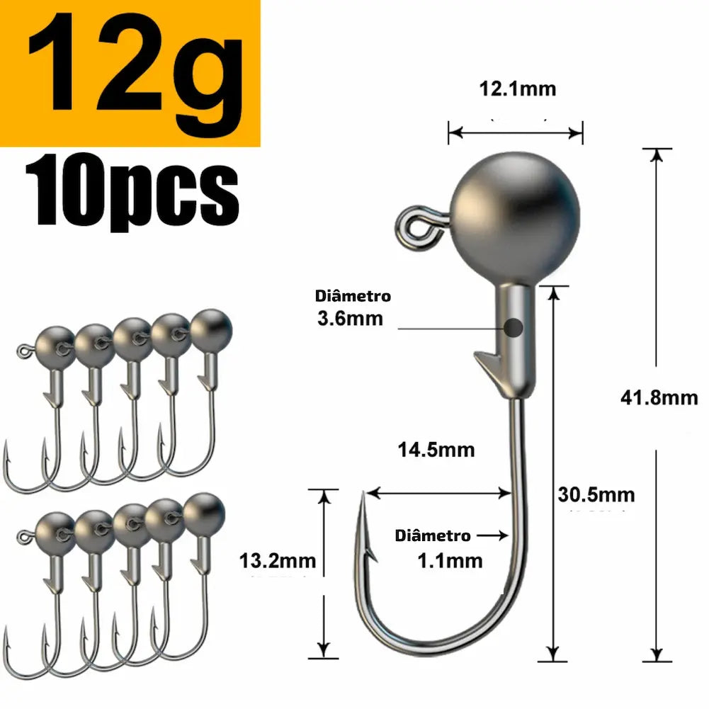 A imagem exibe anzóis de 12 gramas, com uma esfera de 3.6mm e gancho de 1.1mm. O comprimento é de 41.8mm. Esta opção de compra é ótima para pescadores que buscam equilíbrio entre peso e desempenho.