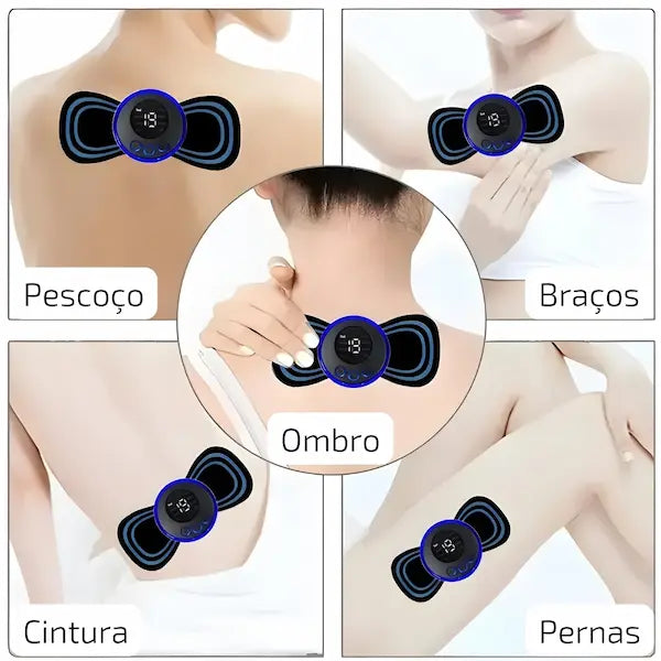 A imagem mostra um massageador elétrico portátil aplicado em diferentes partes do corpo. As áreas destacadas são: pescoço, ombro, braços, cintura e pernas. Cada área tem uma foto mostrando o dispositivo em uso, ressaltando sua versatilidade para aliviar tensões musculares nessas regiões.