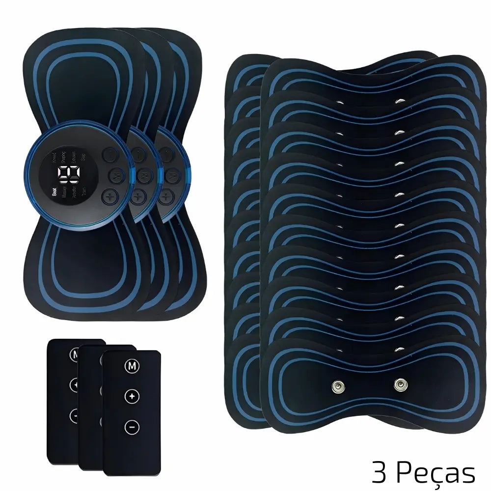 A imagem mostra um conjunto de três massageadores elétricos portáteis, cada um com seu próprio controle remoto. À direita, várias unidades adicionais do massageador estão empilhadas. O texto "3 Peças" está no canto inferior direito, indicando que o conjunto inclui três dispositivos e seus controles.