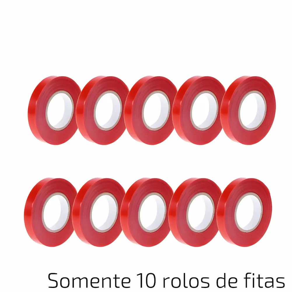  A imagem mostra dez rolos de fita adesiva vermelha dispostos em duas fileiras de cinco rolos cada. Abaixo dos rolos, há um texto que diz "Somente 10 rolos de fitas".
