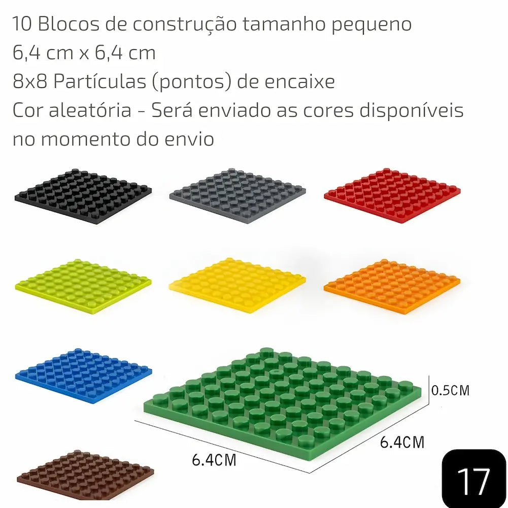  A imagem mostra 10 blocos de construção de tamanho pequeno, medindo 6,4 cm x 6,4 cm cada, com 8x8 partículas (pontos) de encaixe. As cores são variadas e serão enviadas de acordo com a disponibilidade no momento do envio. A imagem destaca os blocos em várias cores, incluindo preto, cinza, vermelho, verde, amarelo, laranja, azul e marrom, com um bloco verde em destaque mostrando suas dimensões.
