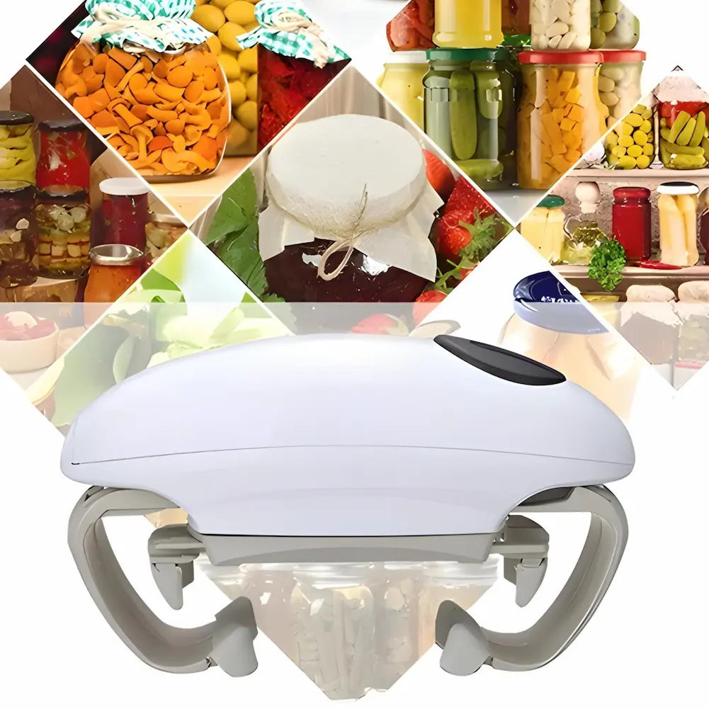 A imagem mostra um abridor de potes automático em primeiro plano, com detalhes em branco e cinza e um botão preto. Ao fundo, há uma colagem de fotos de diversos potes de vidro com conservas, como picles, geleias e vegetais em cores vibrantes. A colagem está disposta em formato de losangos, destacando a variedade de produtos.