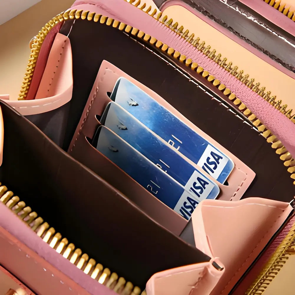  A imagem mostra o interior de uma bolsa tiracolo feminina rosa, com vários compartimentos e divisórias. Três cartões de crédito VISA estão organizados em slots específicos. Os zíperes dourados e o acabamento em couro rosa claro são visíveis, destacando a funcionalidade e a organização da bolsa.