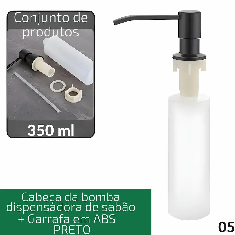 Opção de compra - Código 05: Imagem com conjunto de produtos incluindo cabeça da bomba dispensadora de sabão preta e garrafa em ABS de 350 ml. Mostra as peças desmontadas e o produto final montado. Opção elegante e eficiente.