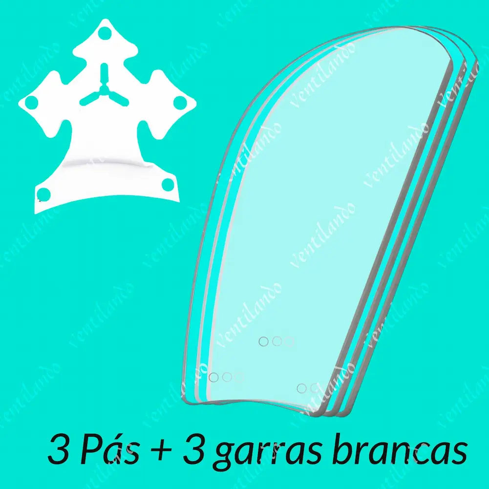 
A imagem mostra um kit contendo 3 pás translúcidas e 3 garras brancas. As pás possuem um formato curvo e são projetadas para encaixe com as garras, que têm furos para fixação. O texto "3 Pás + 3 garras brancas" descreve o conteúdo do conjunto. O fundo azul realça os itens exibidos.