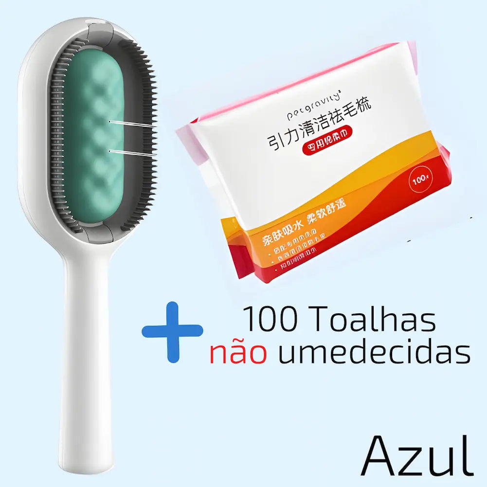 A imagem mostra um pente de remoção de pelos com detalhes em azul à esquerda e um pacote de toalhas da marca Petgravity à direita. O texto diz: "100 toalhas não umedecidas" com um símbolo de adição entre o pente e o pacote. O fundo é azul claro, destacando os produtos.