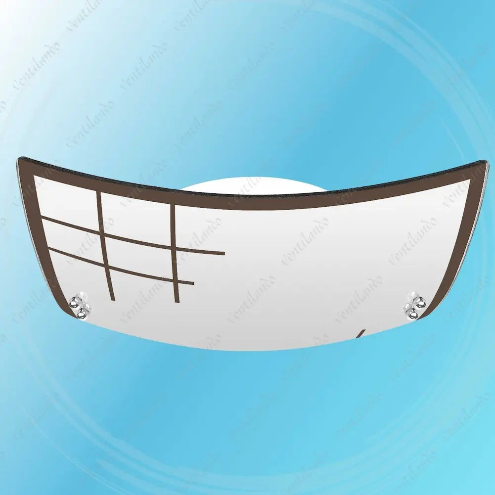  A imagem mostra um plafon de vidro para ventilador de teto com bordas marrons escuras e um padrão de linhas marrons. O design é curvado e moderno. O fundo é azul claro com padrões circulares suaves, destacando o plafon.