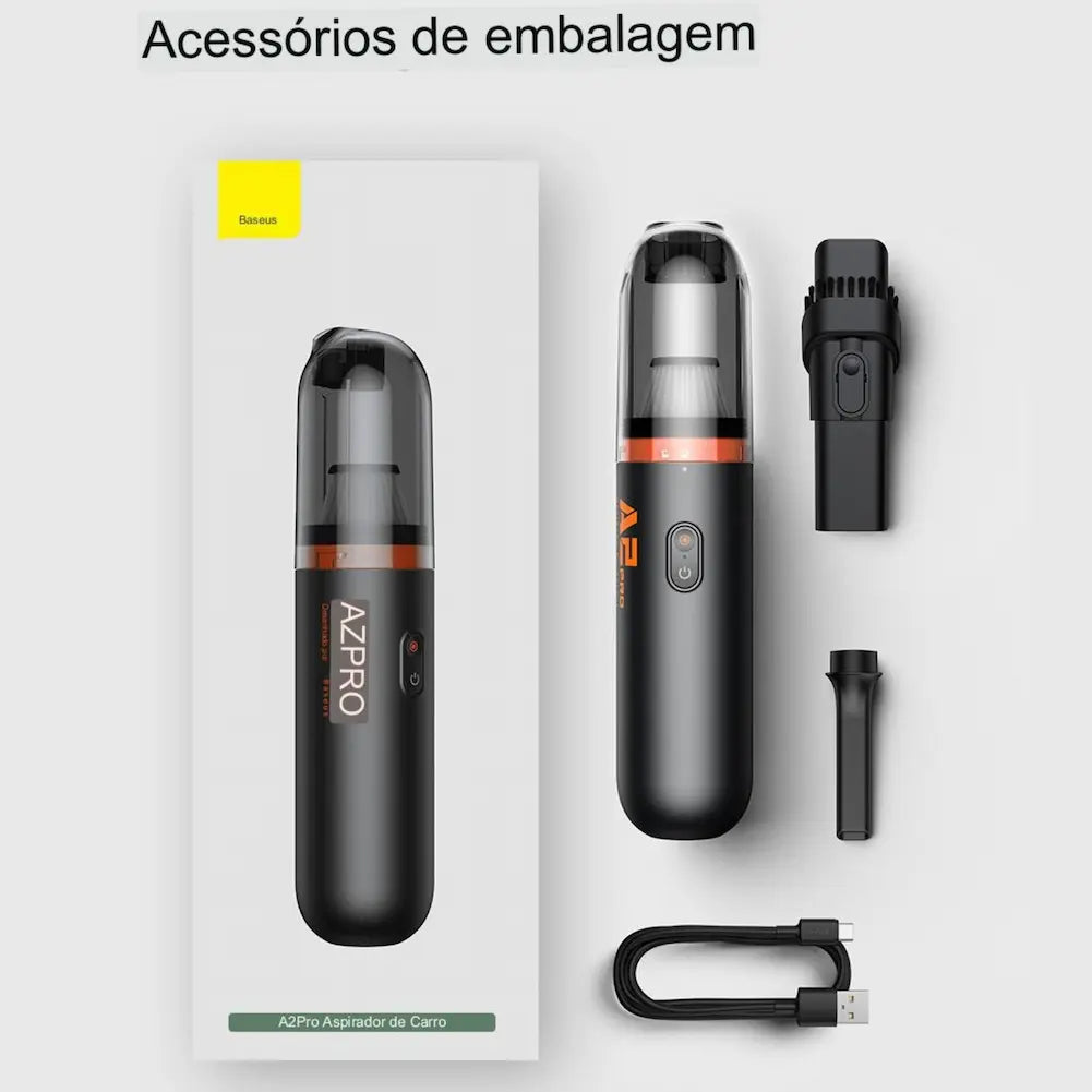 A imagem mostra o conteúdo da embalagem do aspirador de pó portátil AZPRO. Inclui o aspirador, um bocal de sucção, um bico fino, um cabo USB para carregamento e a embalagem. Todos os itens estão dispostos de maneira organizada sobre um fundo branco, com a descrição "Acessórios de embalagem" na parte superior.
