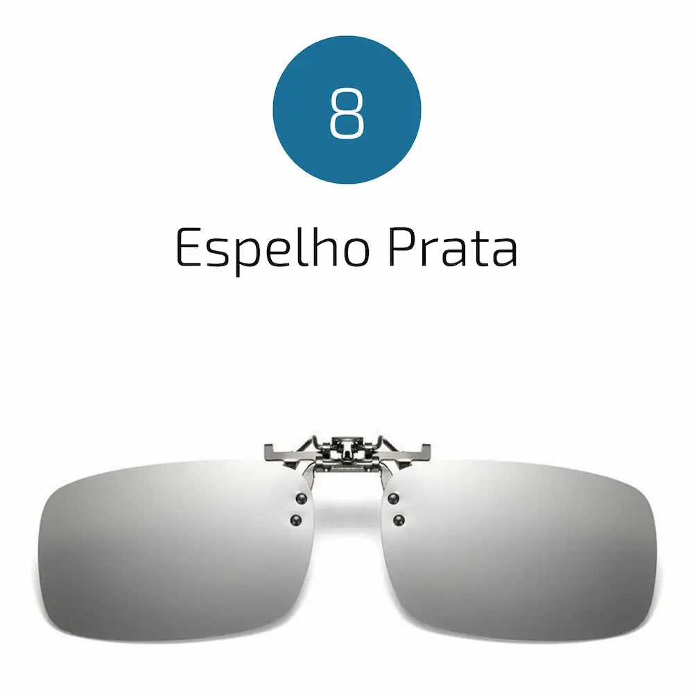 
A imagem mostra a opção 8, representando lentes clip-on com acabamento espelhado na cor prata. O design retangular e elegante, aliado ao encaixe prático, oferece proteção UV, versatilidade e um visual sofisticado para quem busca estilo e funcionalidade.