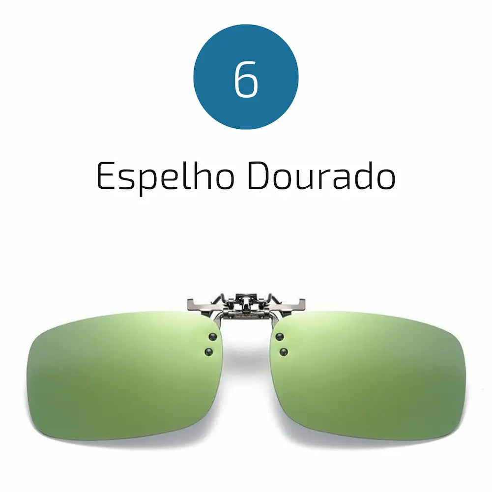 A imagem apresenta a opção 6, que são lentes clip-on com acabamento espelhado na cor dourado esverdeado. O design retangular moderno e o encaixe prático tornam essas lentes ideais para quem busca proteção UV, estilo sofisticado e versatilidade para diferentes ocasiões.